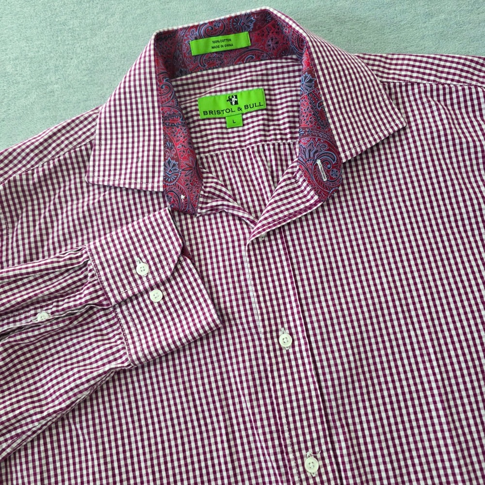 Bristol & Bull Mens Large Burgundy Gingham Button Down Shirt Paisley Contrast